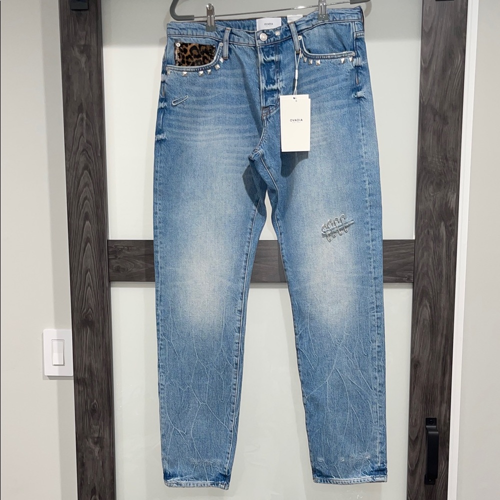OVADIA Light Blue Straight Taper Jeans with Calf Hair Accents & Studs NWT 34x33